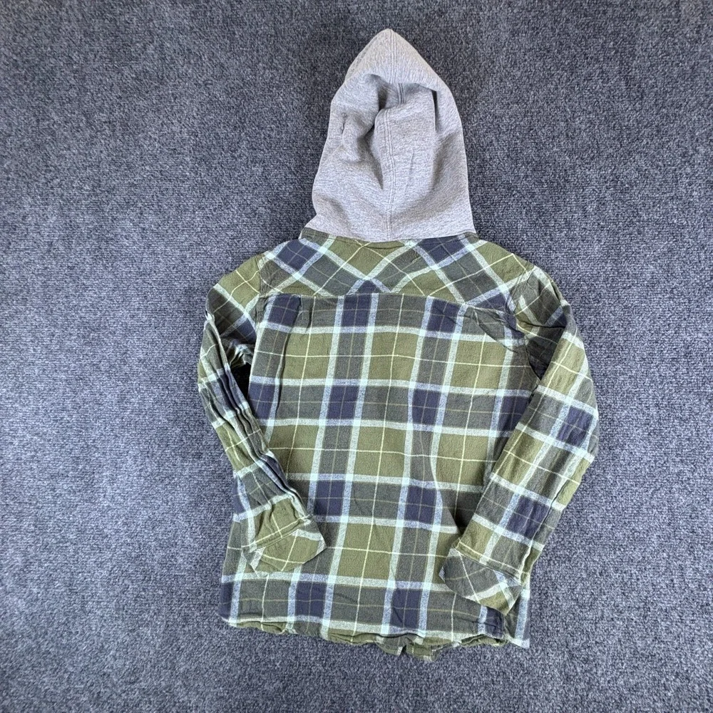 Quiksilver Shacket Boys Medium 10/12 Green Plaid Flannel Cotton Hooded Button Up